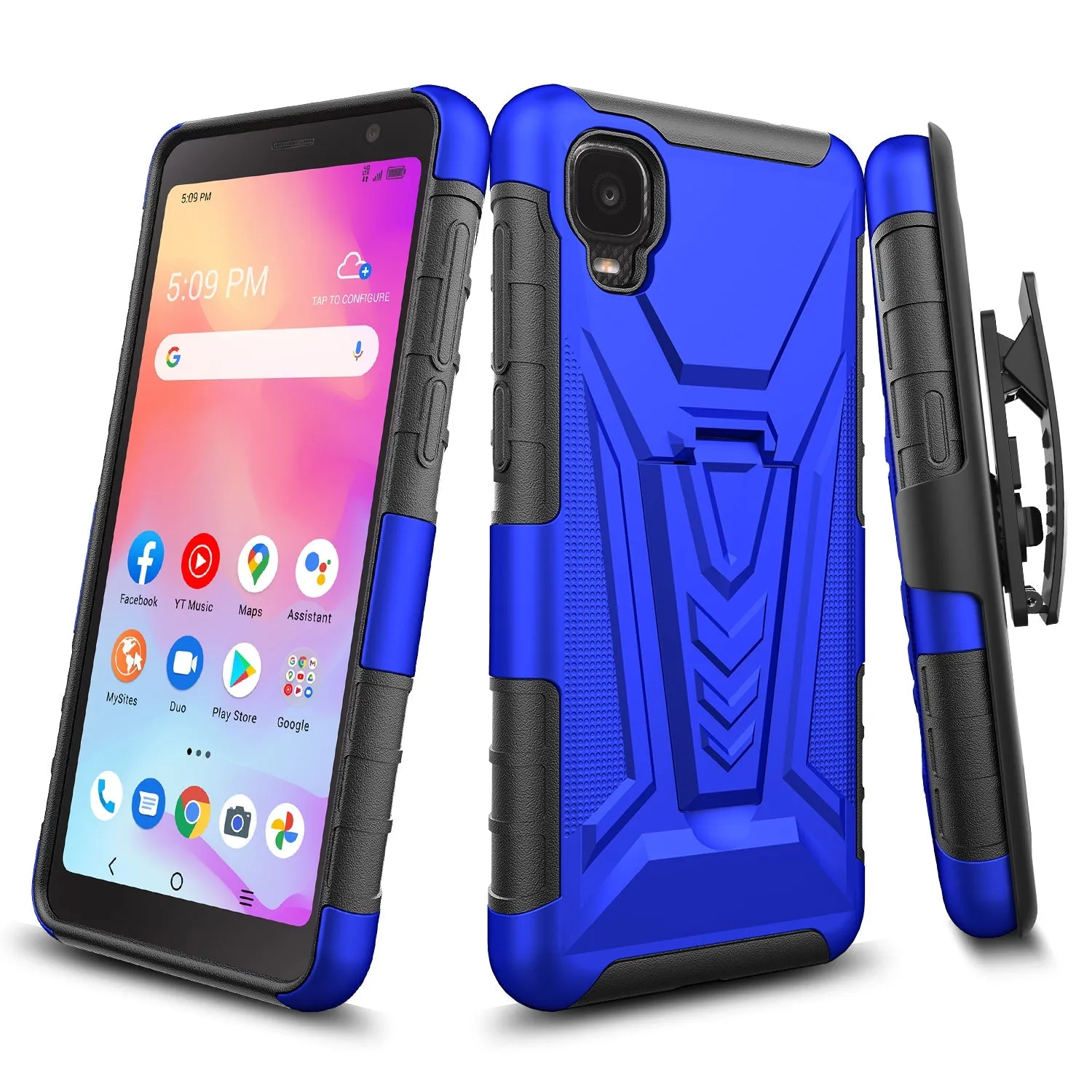 For TCL Ion Z/A3/A30 Case with Tempered Glass Screen Protector Heavy Duty Protective Phone Case,Built-in Kickstand Rugged Shockproof Protective Phone Case - Blue