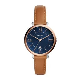 Fossil Ladies Jacqueline Blue Face Rose Gold Case Brown Leather Band Model ES4274