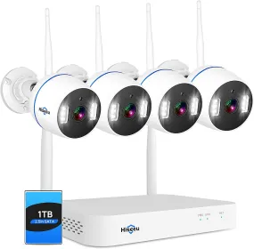 [Full Color Night Vision] Hiseeu Wireless Security Camera System 3MP Spotlight IP Cameras WiFi Surveillance System with 2 Way Audio,Light&Sound Alarm with 8CH NVR 1TB Hard Drive Compatible Alexa