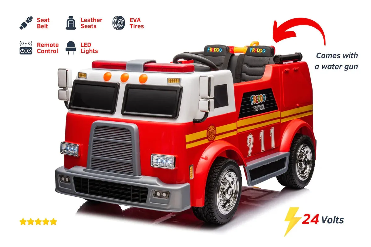 Heavy Duty 24V Fire Truck 2 Seater Kids Ride On Car | Leather Seat | Eva Rubber Tires | Water Gun |