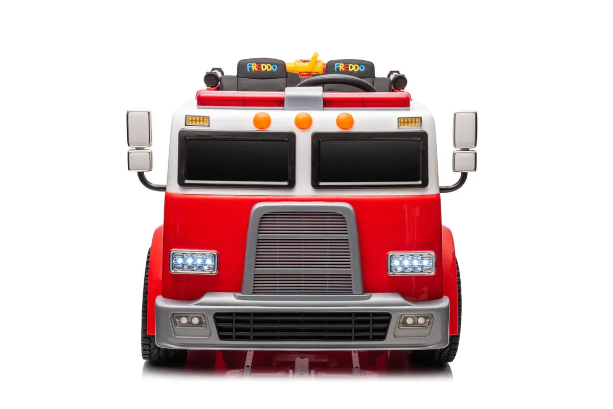 Heavy Duty 24V Fire Truck 2 Seater Kids Ride On Car | Leather Seat | Eva Rubber Tires | Water Gun |