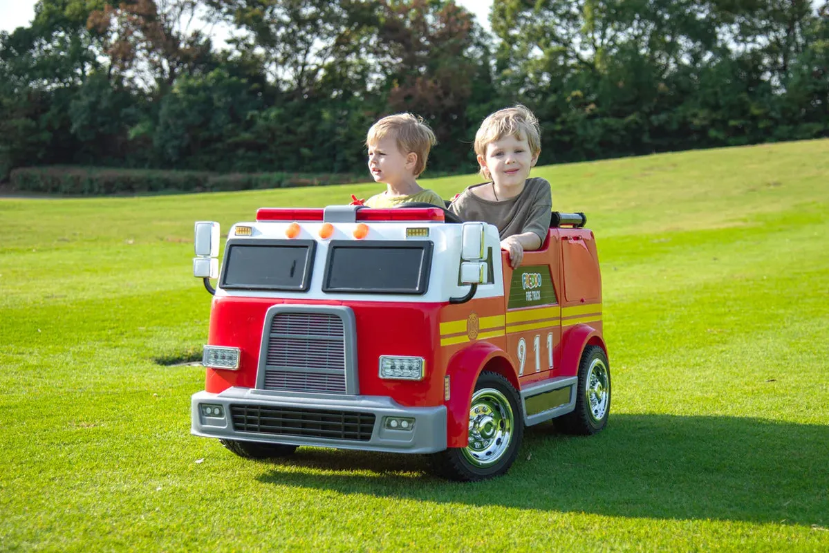 Heavy Duty 24V Fire Truck 2 Seater Kids Ride On Car | Leather Seat | Eva Rubber Tires | Water Gun |