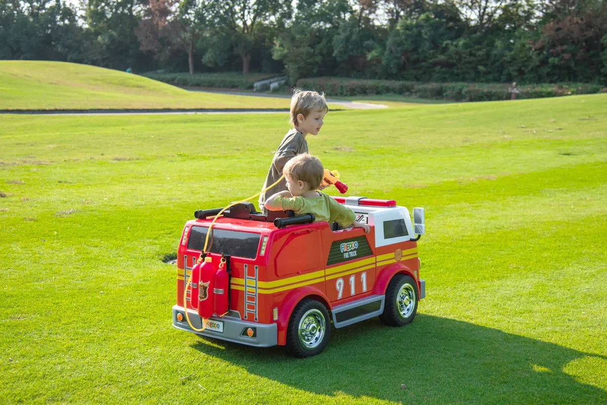 Heavy Duty 24V Fire Truck 2 Seater Kids Ride On Car | Leather Seat | Eva Rubber Tires | Water Gun |