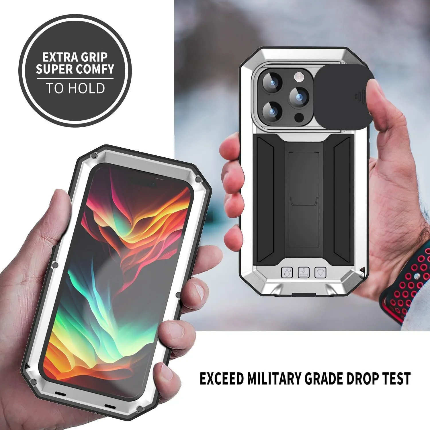 iPhone 15 Pro Military Grade Protective Heavy Duty Full Body Cover Metal Bumper Stand Silicone Protector