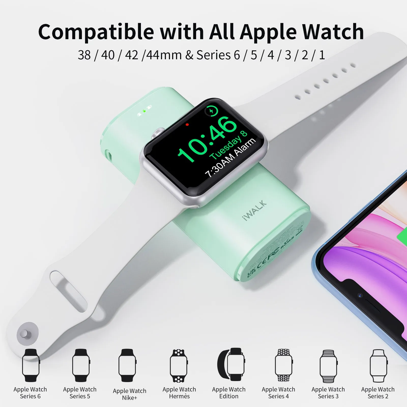 iWALK LinkPod Watch | Portable Phone and Apple Watch Charger [Built-In Lightning Cable]