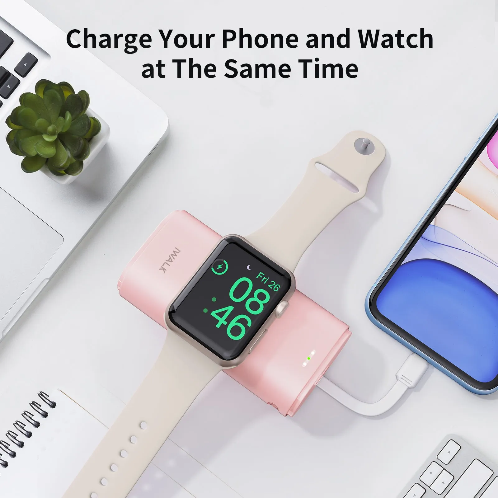 iWALK LinkPod Watch | Portable Phone and Apple Watch Charger [Built-In Lightning Cable]