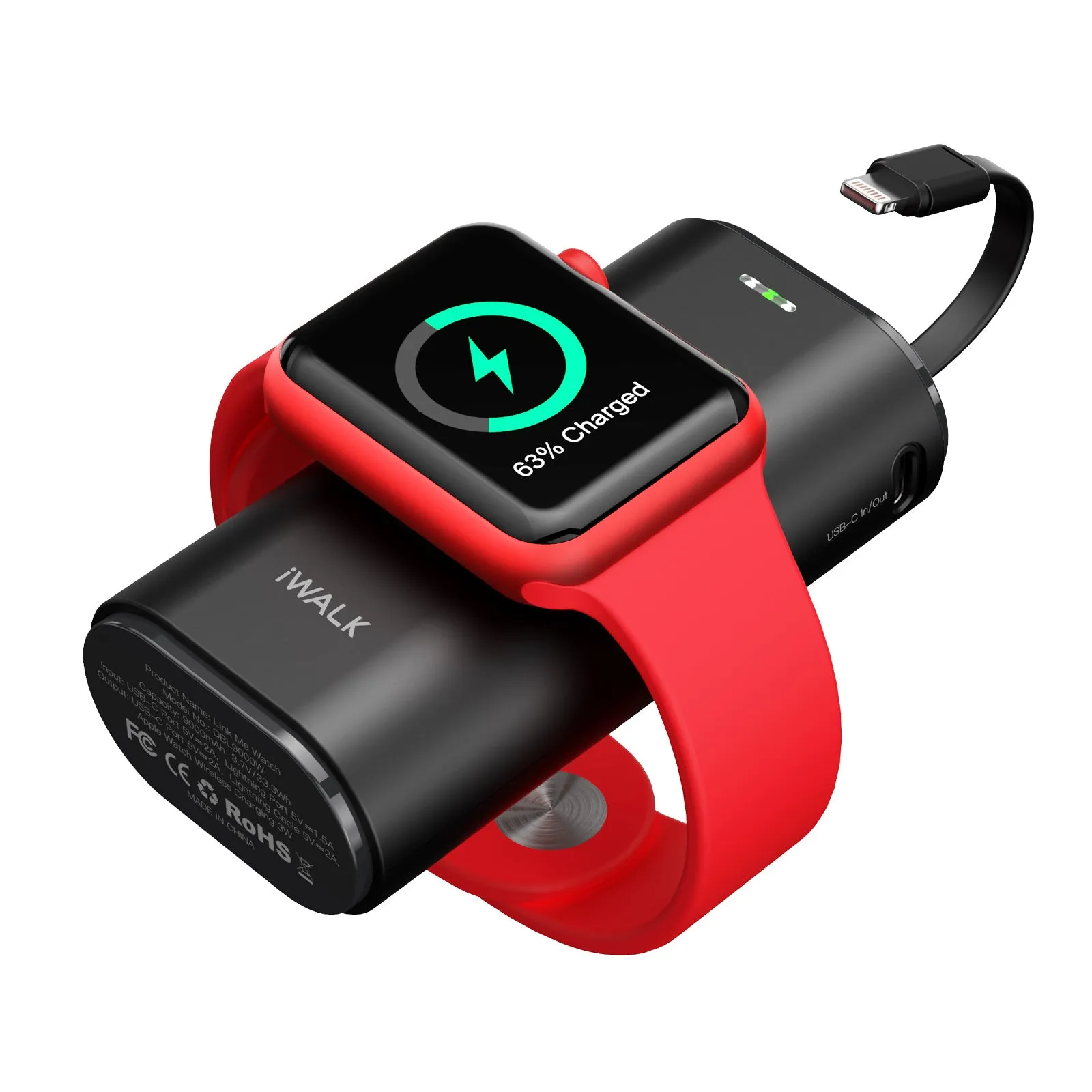 iWALK LinkPod Watch | Portable Phone and Apple Watch Charger [Built-In Lightning Cable]