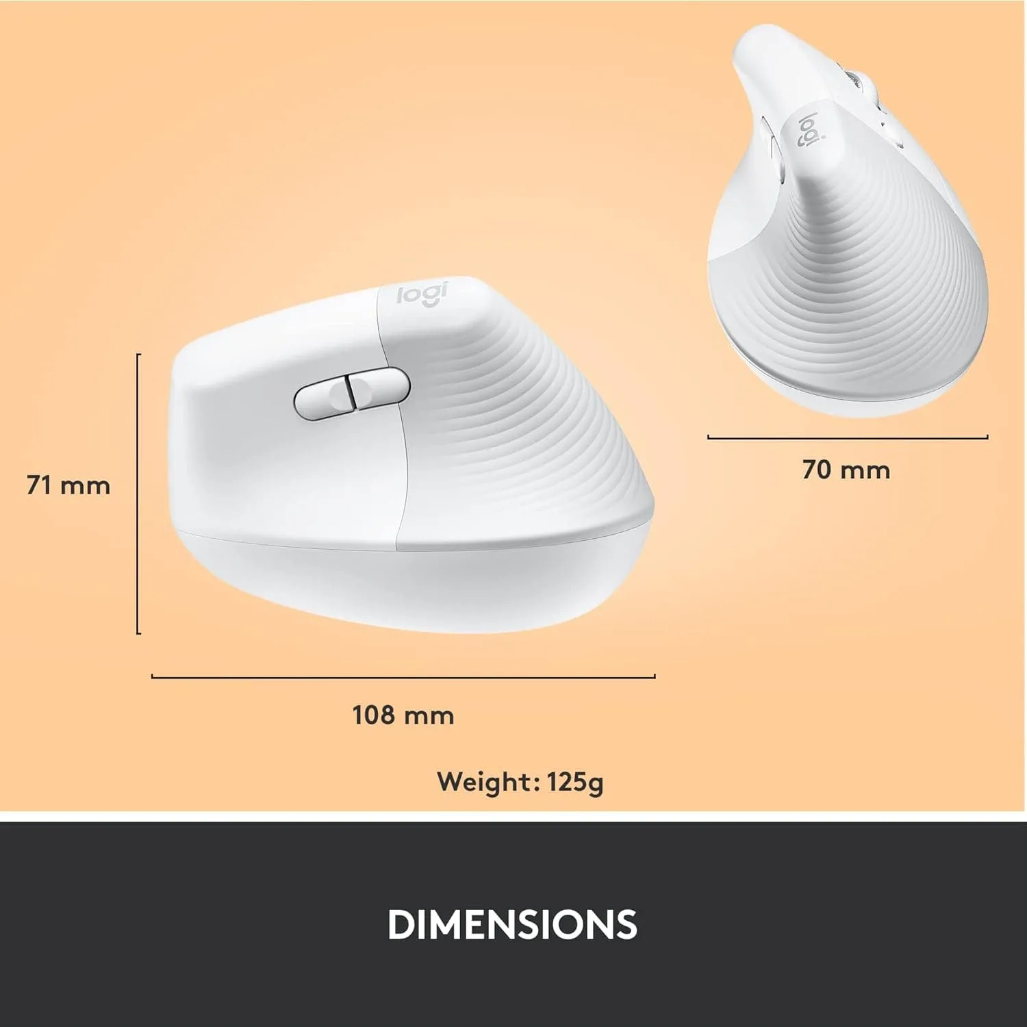 Logitech Lift Vertical Ergonomic Mouse, Wireless, Bluetooth or Logi Bolt USB receiver, Quiet clicks, 4 buttons, compatible with Windows/macOS/iPadOS, Laptop, PC - White