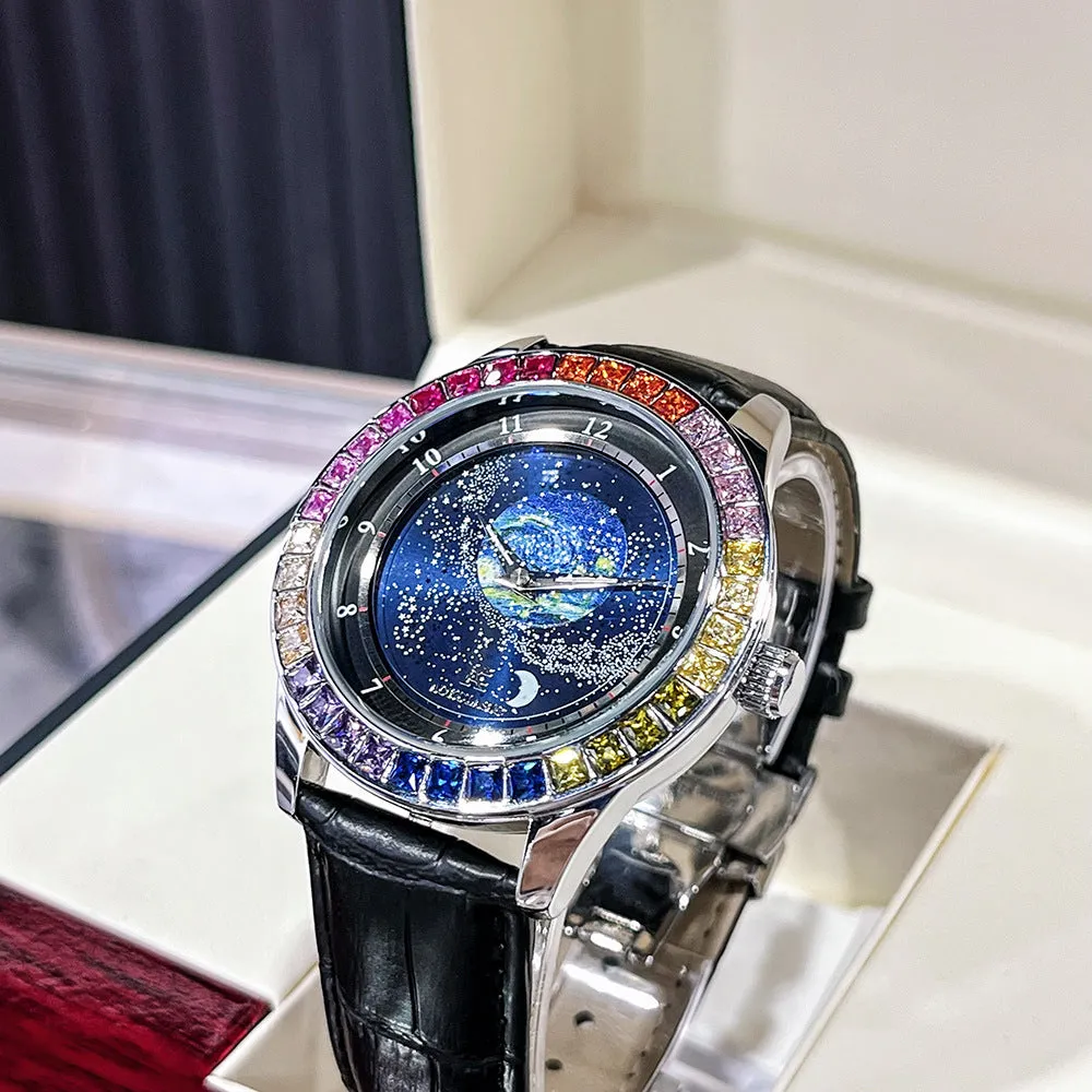 Men's Waterproof Luminous Personality Ogulas Starry Sky Colorful Crystals Automatic Mechanical Watch