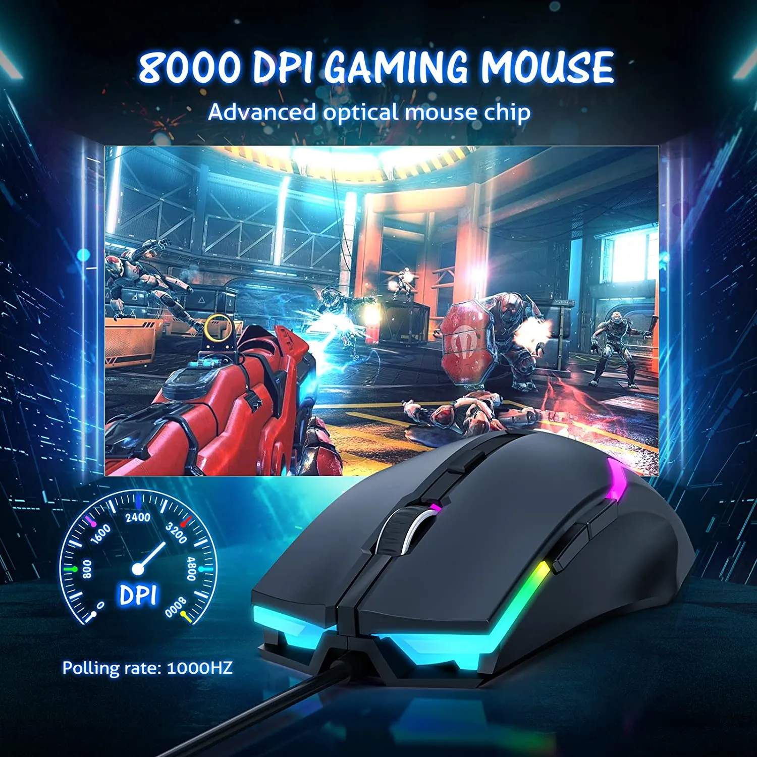 Mpow Wired Gaming PC354 Mouse with 7 RGB Backlit Modes, Wired Mouse for Gaming [8000 Adjustable DPI]