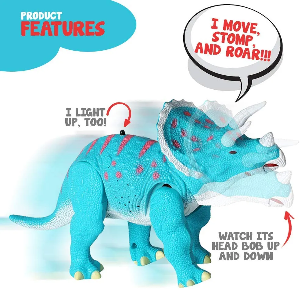 Remote Control Dinosaur - Triceratops Toy Roars, Walks, Lights Up, Bobs its Head