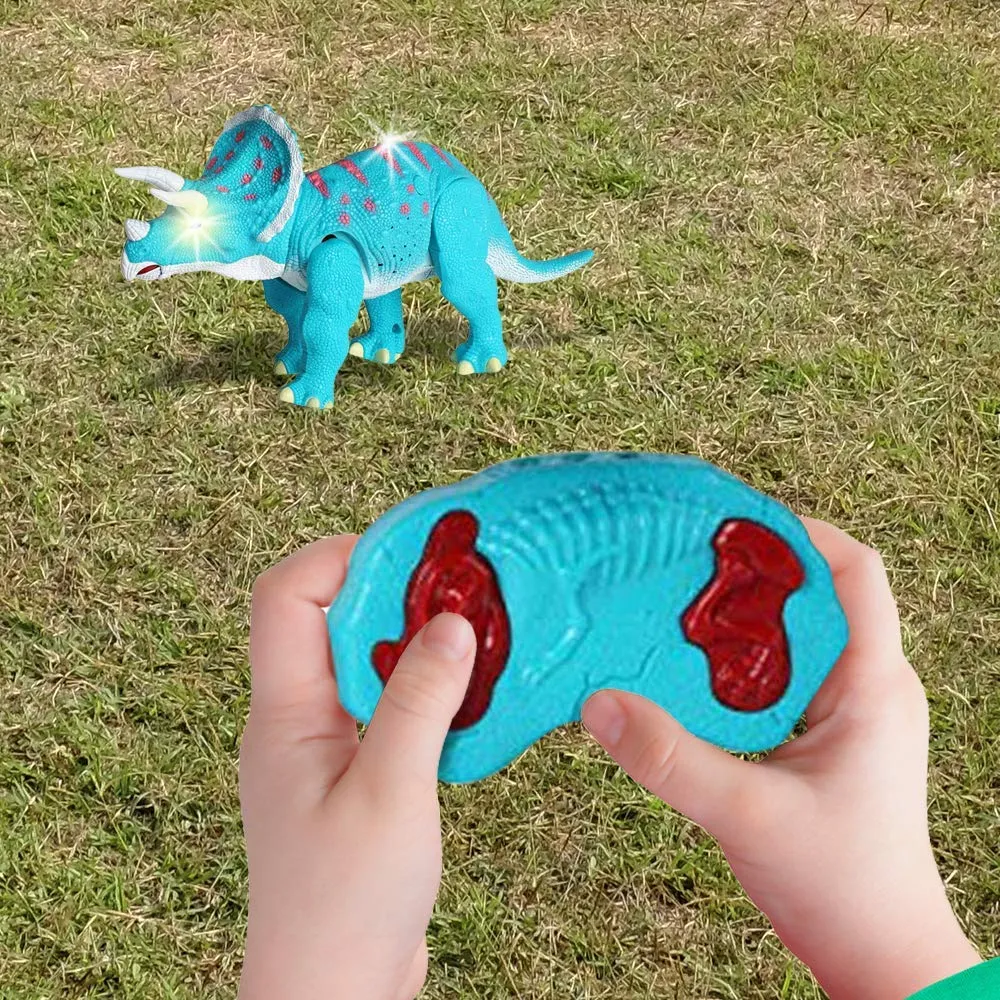 Remote Control Dinosaur - Triceratops Toy Roars, Walks, Lights Up, Bobs its Head