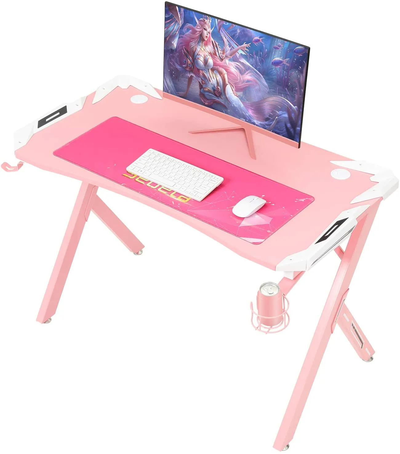 Sedeta Ergonomic R-Shaped Computer Gaming Table with Headphone Hook, Swivel Cup Holder, Mouse Pad, Home Office Desk, Study Table, Pink, SEDETA R1-P