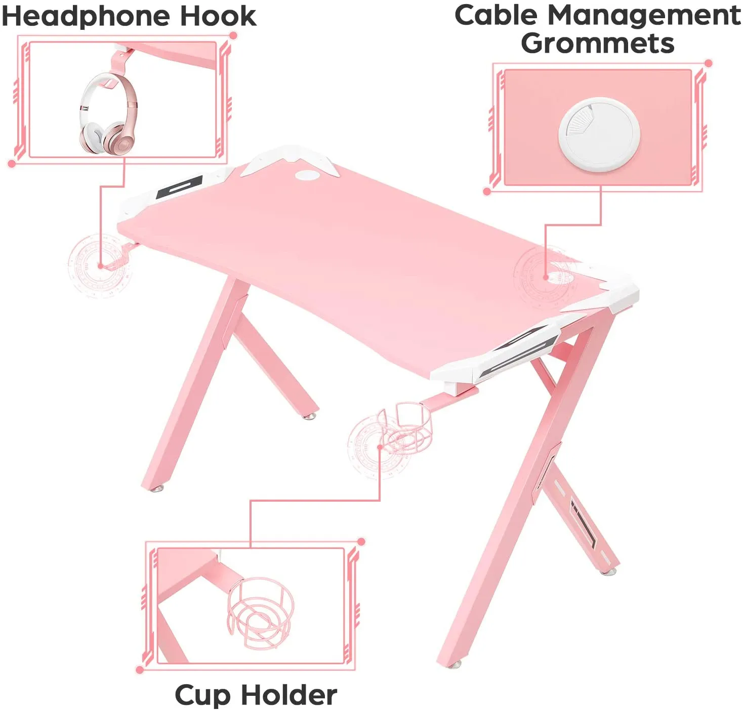 Sedeta Ergonomic R-Shaped Computer Gaming Table with Headphone Hook, Swivel Cup Holder, Mouse Pad, Home Office Desk, Study Table, Pink, SEDETA R1-P