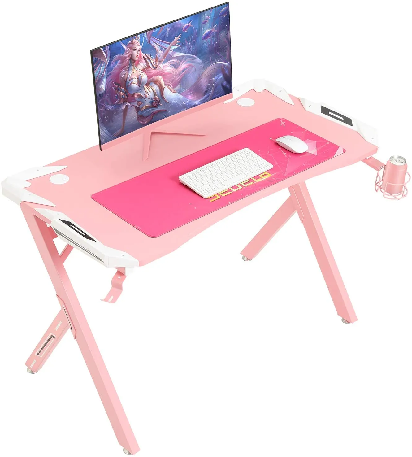 Sedeta Ergonomic R-Shaped Computer Gaming Table with Headphone Hook, Swivel Cup Holder, Mouse Pad, Home Office Desk, Study Table, Pink, SEDETA R1-P