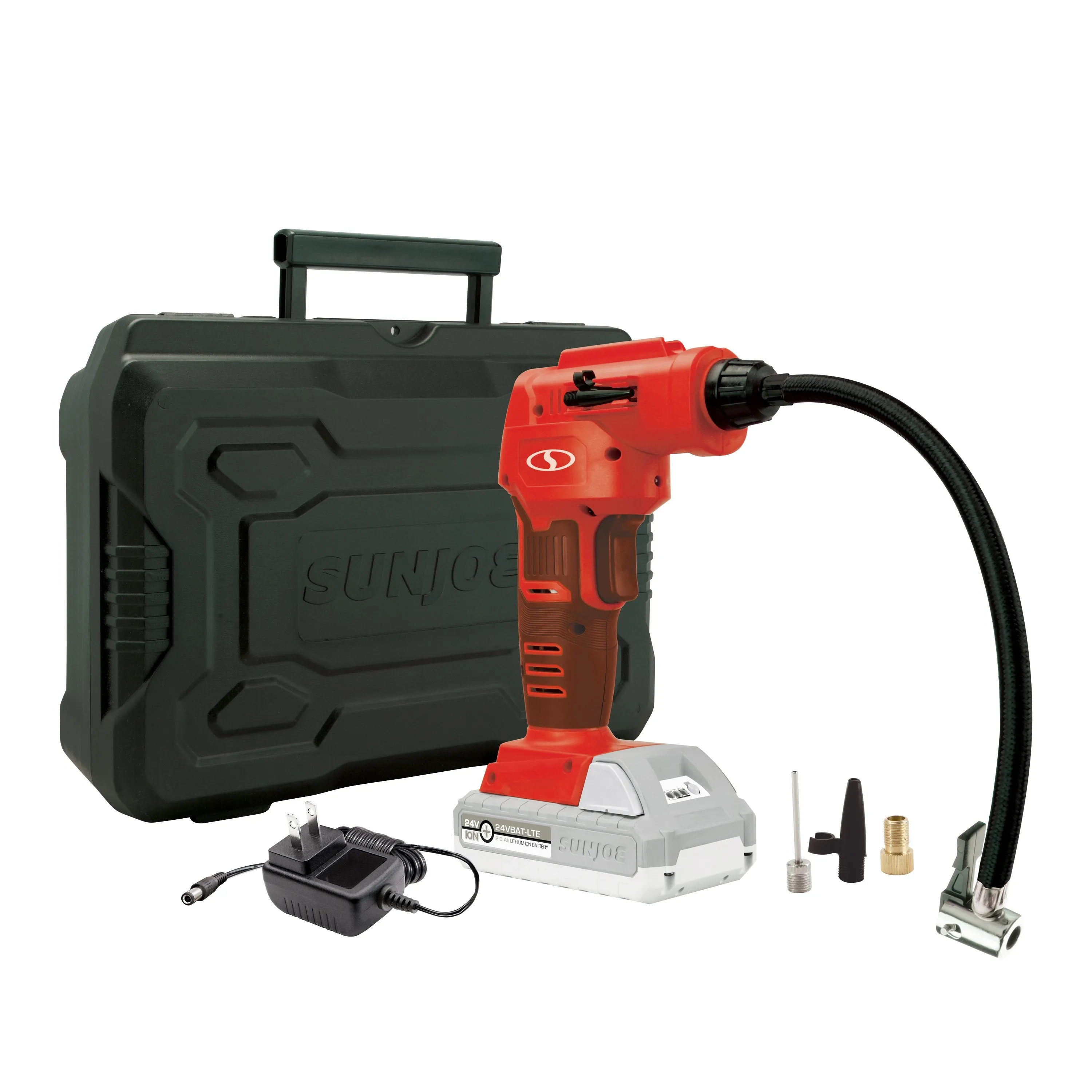 Sun Joe 24V-AJC-LTE-RED 24-Volt iON  Cordless Portable Air Compressor Kit | W/ 2.0-Ah Battery, Charger, Storage Bag, and Nozzle Adapters (Red)