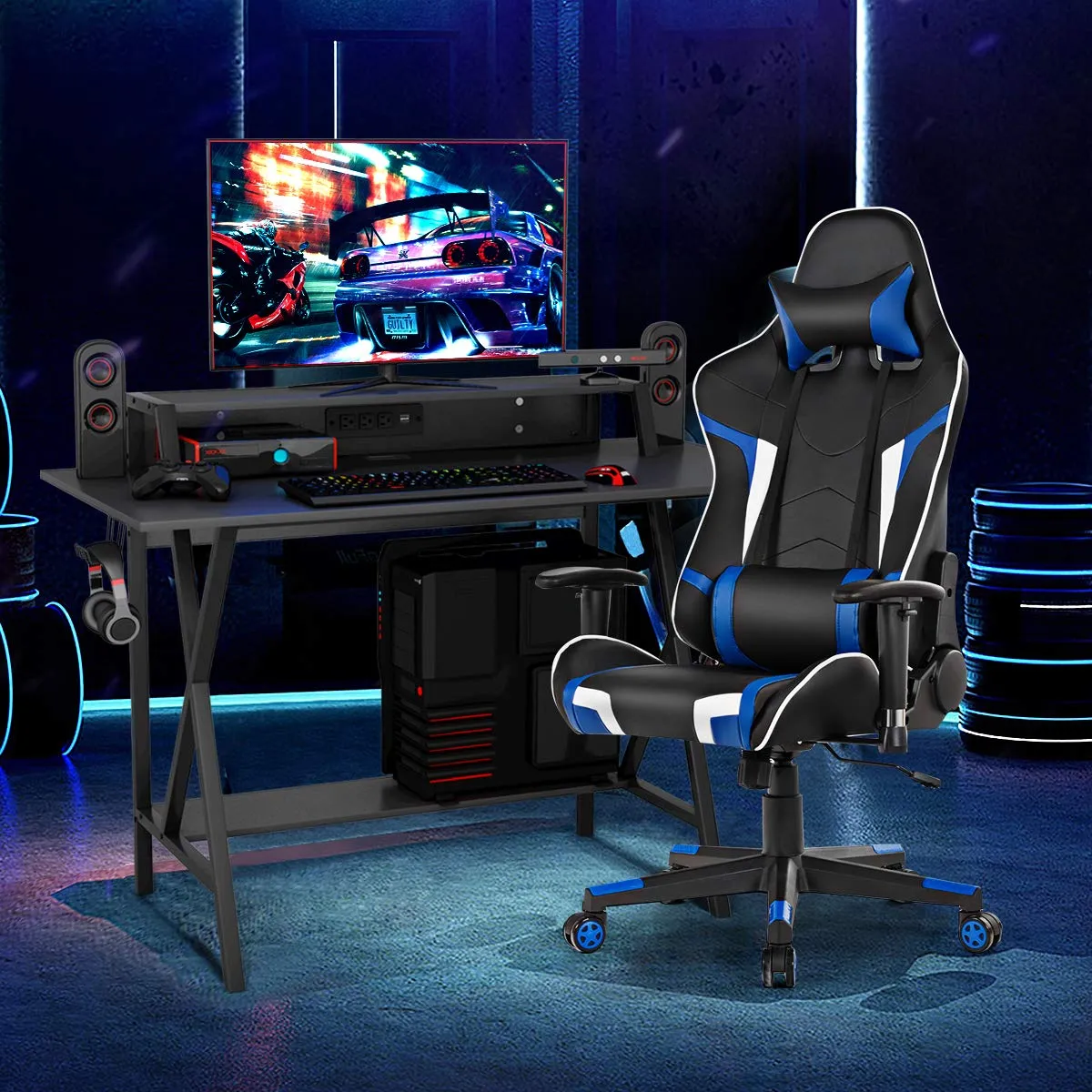 Tangkula Gaming Desk and Chair Set, Ergonomic E-Sport Gamer Desk & Racing Chair Set w/Cup Holder