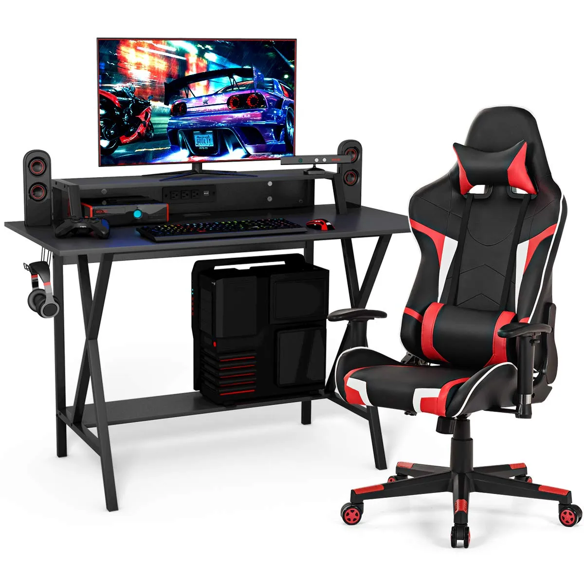 Tangkula Gaming Desk and Chair Set, Ergonomic E-Sport Gamer Desk & Racing Chair Set w/Cup Holder