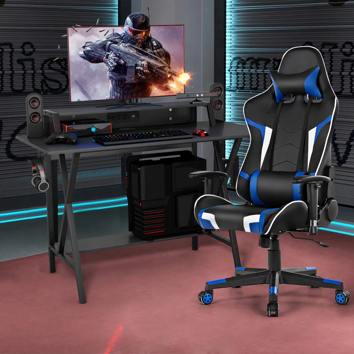 Tangkula Gaming Desk and Chair Set, Ergonomic E-Sport Gamer Desk & Racing Chair Set w/Cup Holder