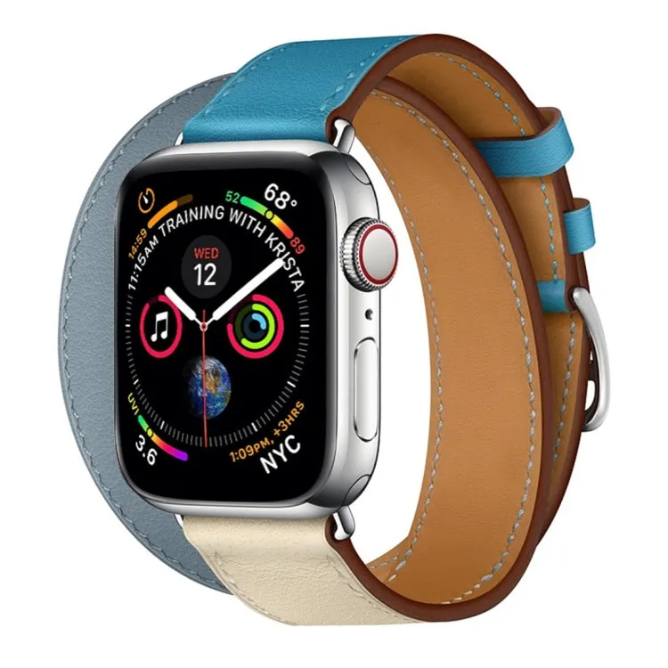 Two Color Double Loop Leather Wrist Strap Watch Band for Apple Watch Series 3 & 2 & 1 38mm, Color:Grey Blue Pink White Ice Blue