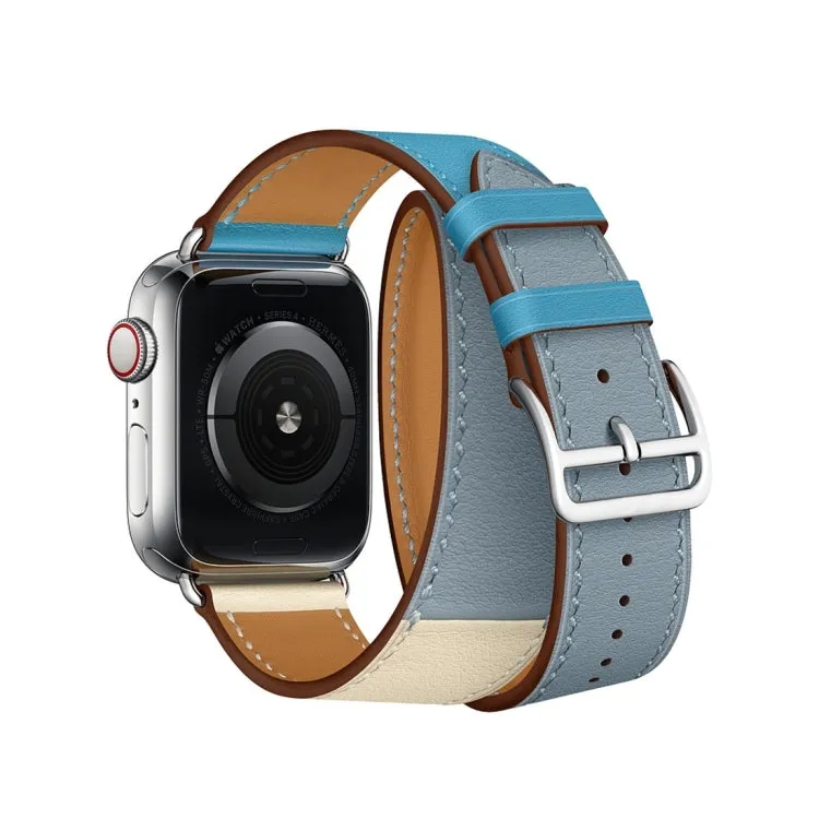 Two Color Double Loop Leather Wrist Strap Watch Band for Apple Watch Series 3 & 2 & 1 38mm, Color:Grey Blue Pink White Ice Blue