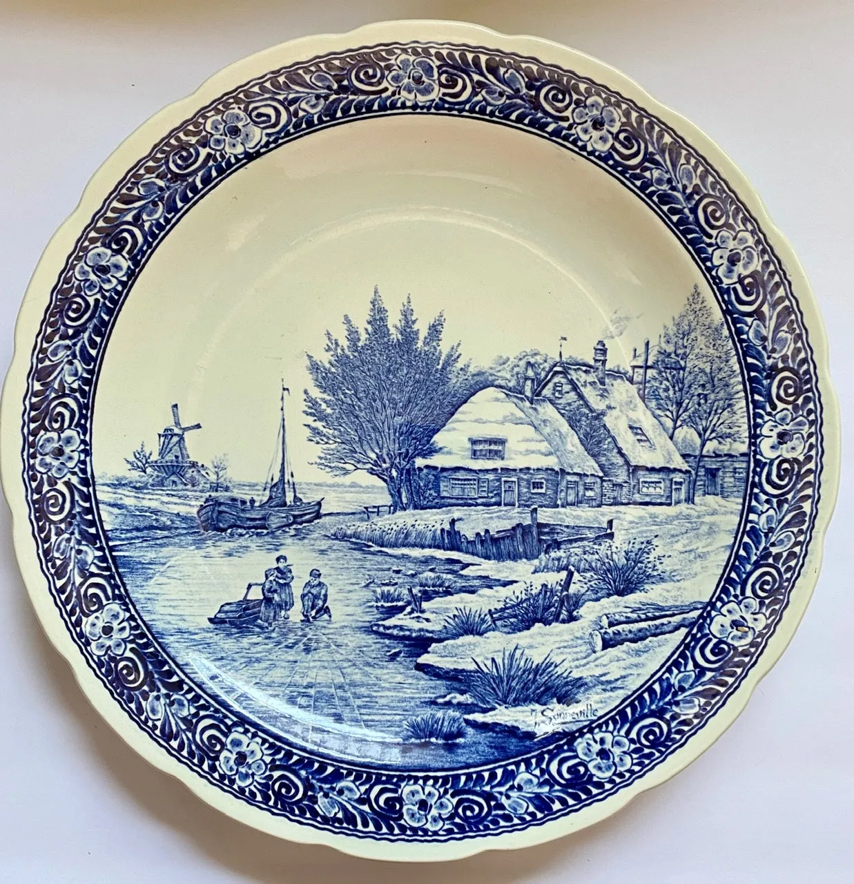 Vintage HUGE Blue & White Children & Cottage on River Delft Wall Plaque Charger /  Round