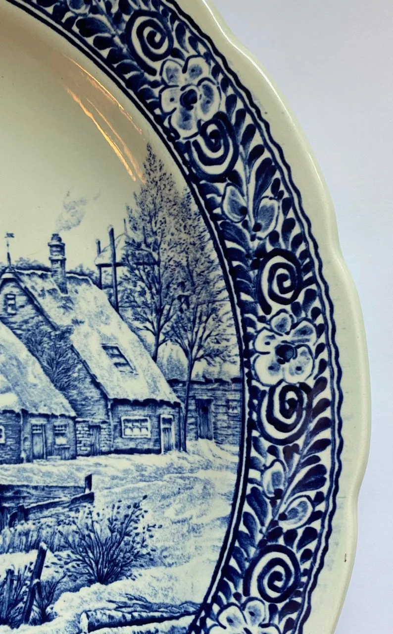 Vintage HUGE Blue & White Children & Cottage on River Delft Wall Plaque Charger /  Round