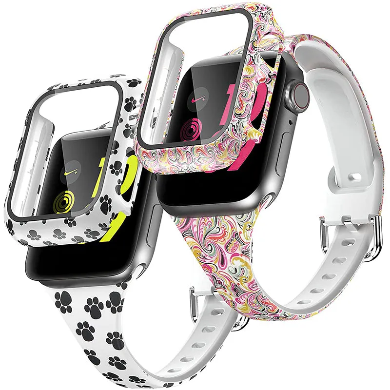 Wearlizer 2 Packs  Apple Watch Band Slim with Case Women  Silicone Soft Floral Pattern Adjustable Strap with Buckle for iWatch SE/6/5/4/3/2/1