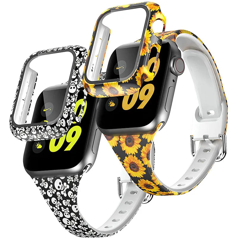 Wearlizer 2 Packs  Apple Watch Band Slim with Case Women  Silicone Soft Floral Pattern Adjustable Strap with Buckle for iWatch SE/6/5/4/3/2/1