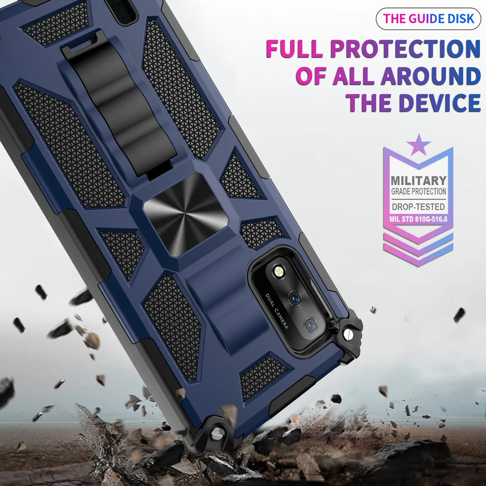 Wiko Ride 3 Case [Military Grade] Ring Car Mount Kickstand w/[Tempered Glass] Hybrid Hard PC Soft TPU Shockproof Protective Case - Blue