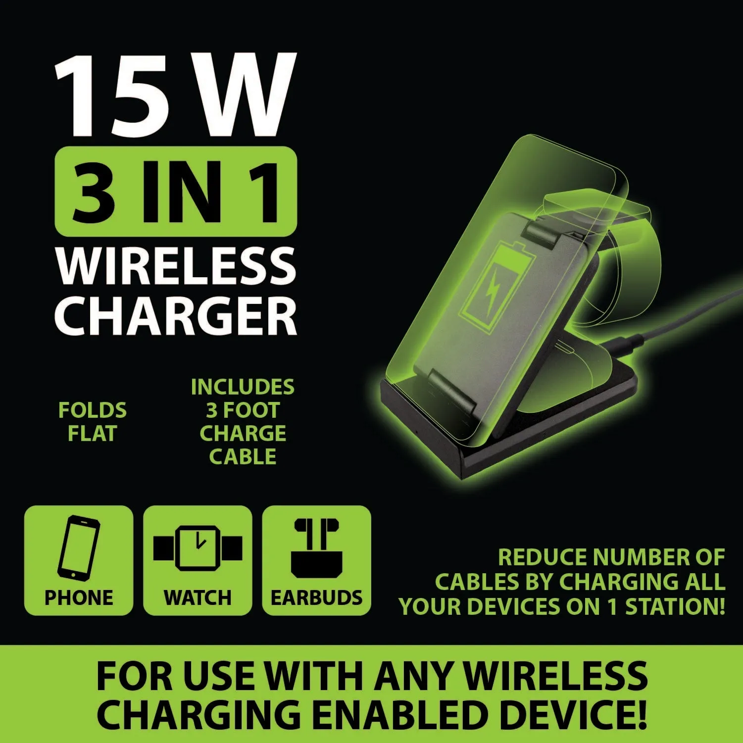 Wireless 3 in 1 Charging Station 15 Watts - 4 Pieces Per Retail Ready Display 22827