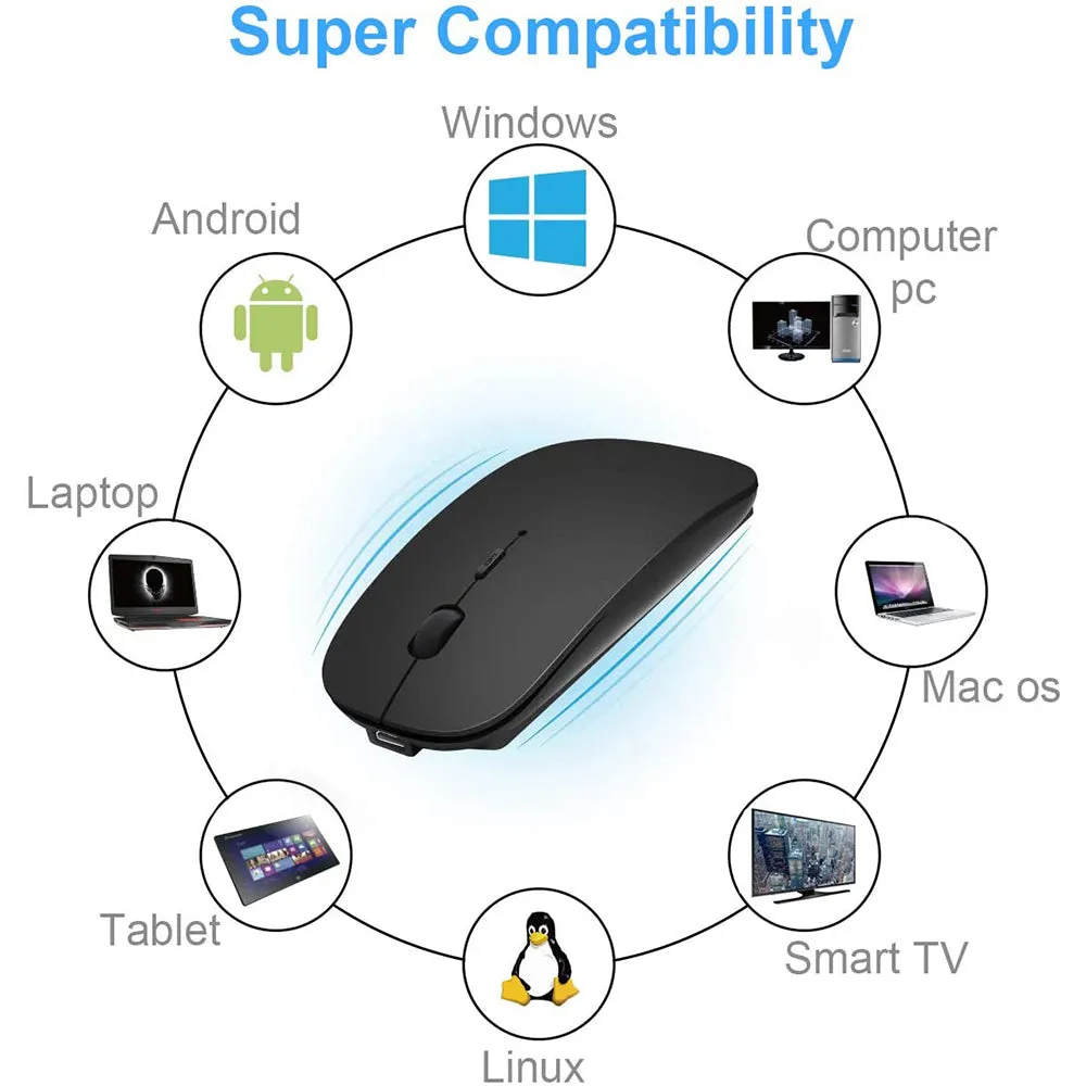 Wireless Mouse Rechargeable with USB Nano Receiver, 1200 DPI Ultra-Slim, Compatible with Windows, Linux, iOS, Android Compatible with MacBook - Black