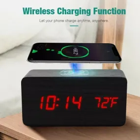 Wooden Digital Alarm Clock with Wireless Phone Charging Pad -Wooden Alarm Clock