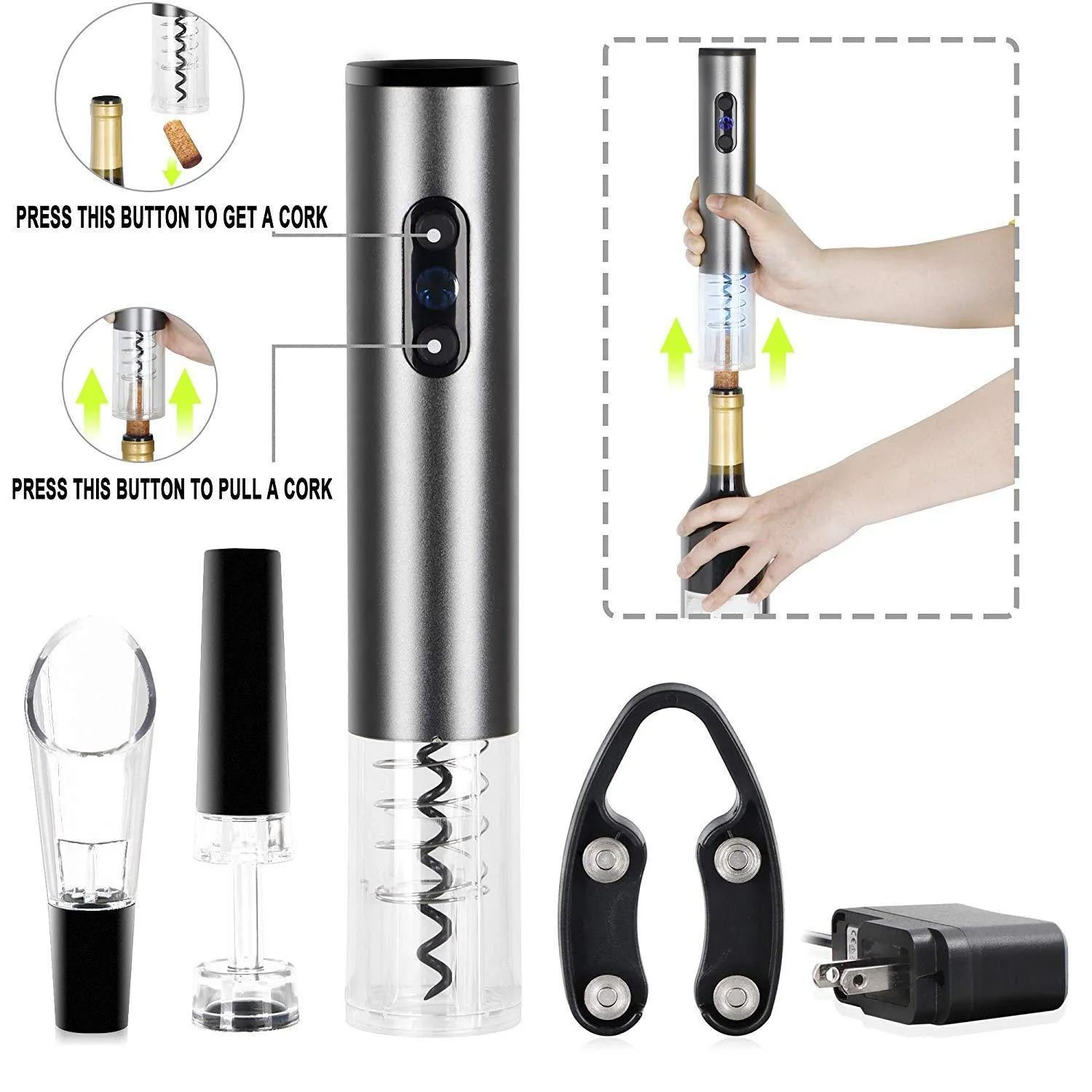 ZENY™ Electric Wine Opener with Chargeer - Cordless Bottle Opener Electric Corkscrew with Foil Cutter